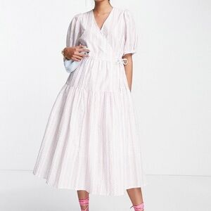 ASOS White Pastel Textured Dots V Neck Wrap Dress Midi Length Size XS Women’s